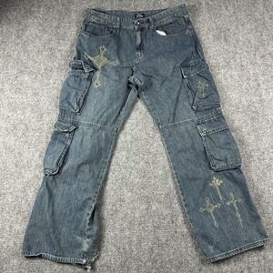 Social Collision Jeans Mens 36x32 Blue Wide Leg Cargo Cross Graphic Y2K Goth